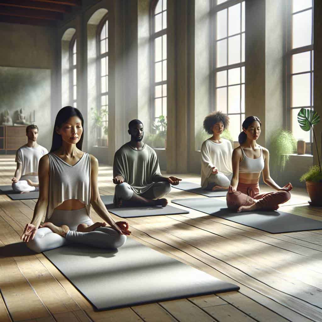 Breathing techniques for calm in yoga studio.