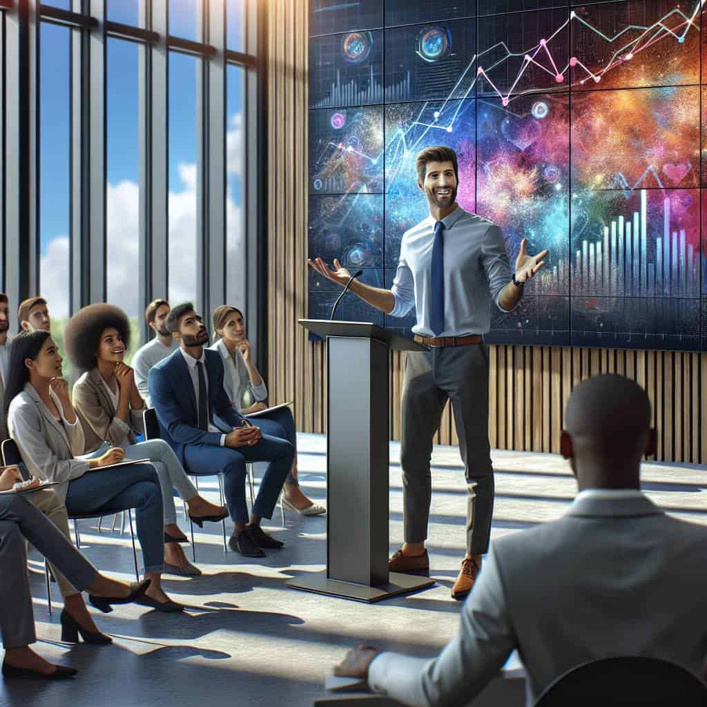 Business presentation skills at modern conference.