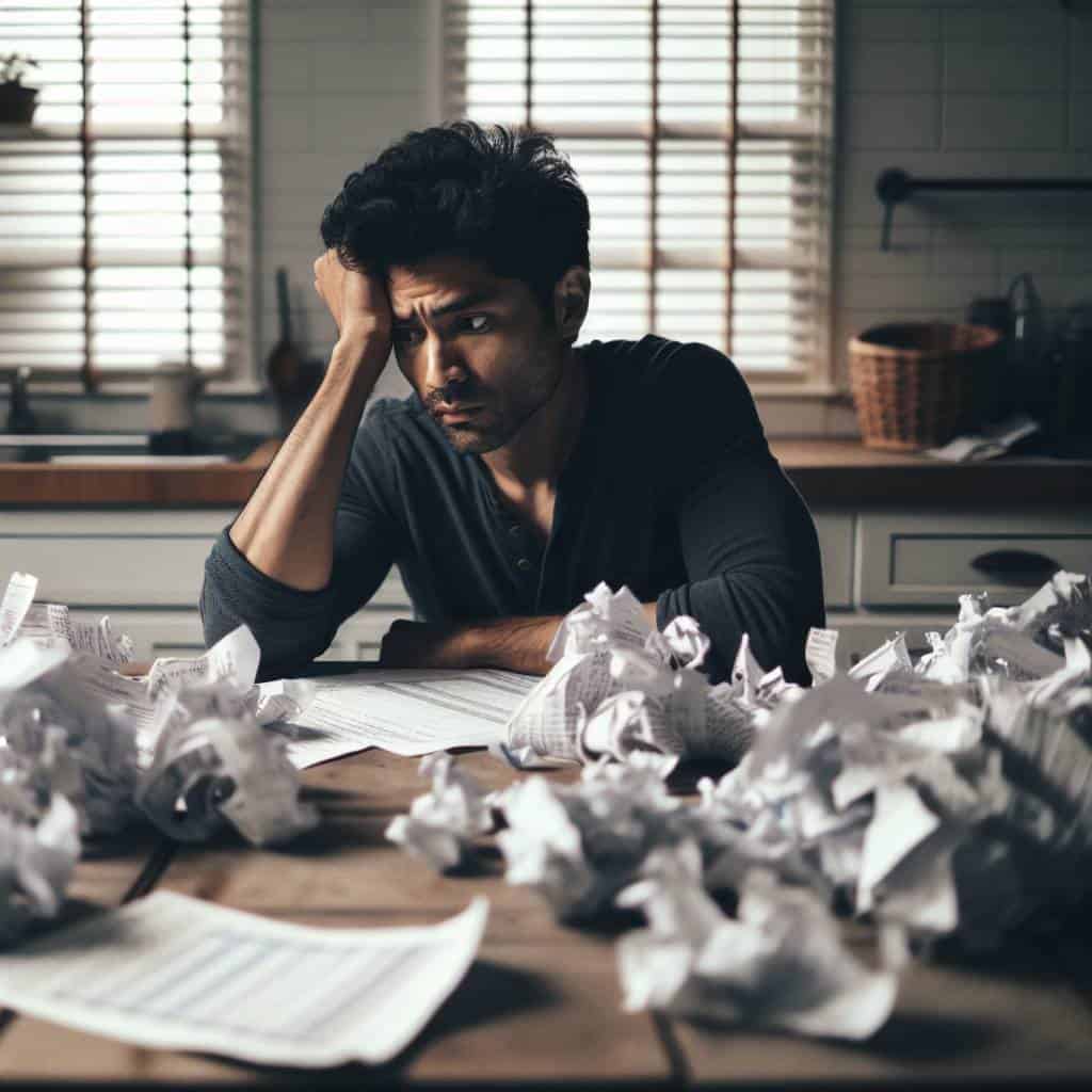 Overwhelmed person handling cash flow management.
