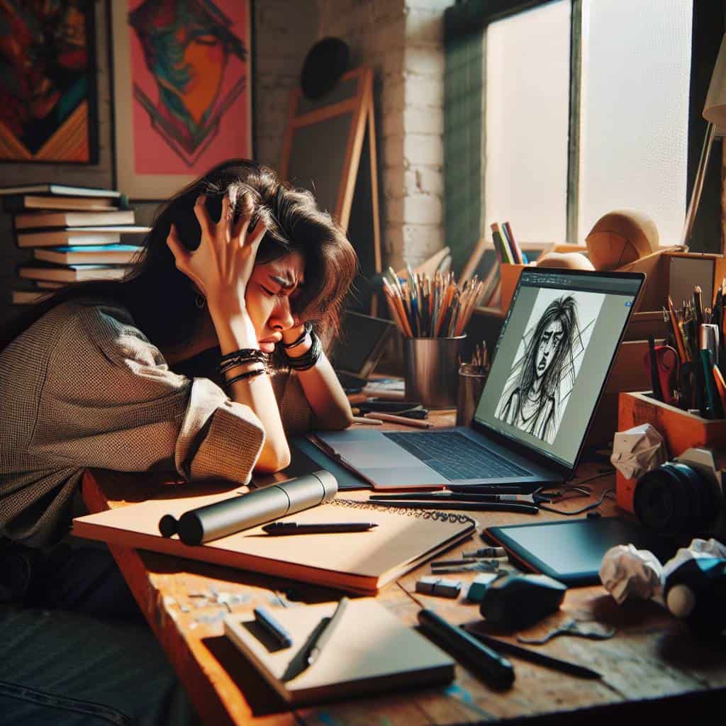 Frustrated artist with digital tools for creativity.
