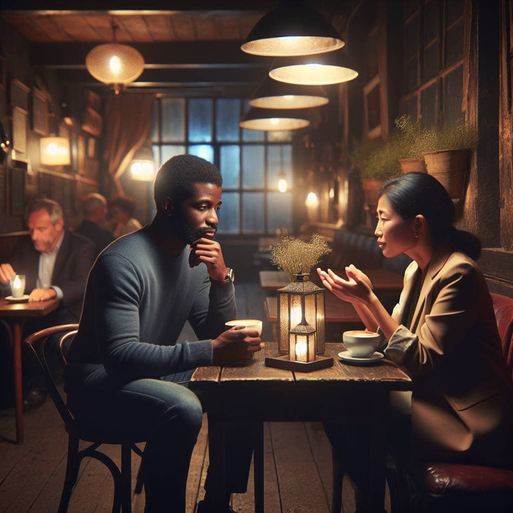 Money talks for couples in café.