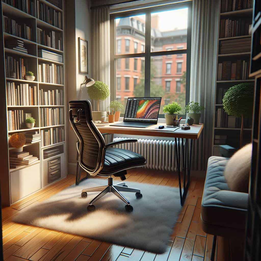 Cozy office for remote work wellness tips.