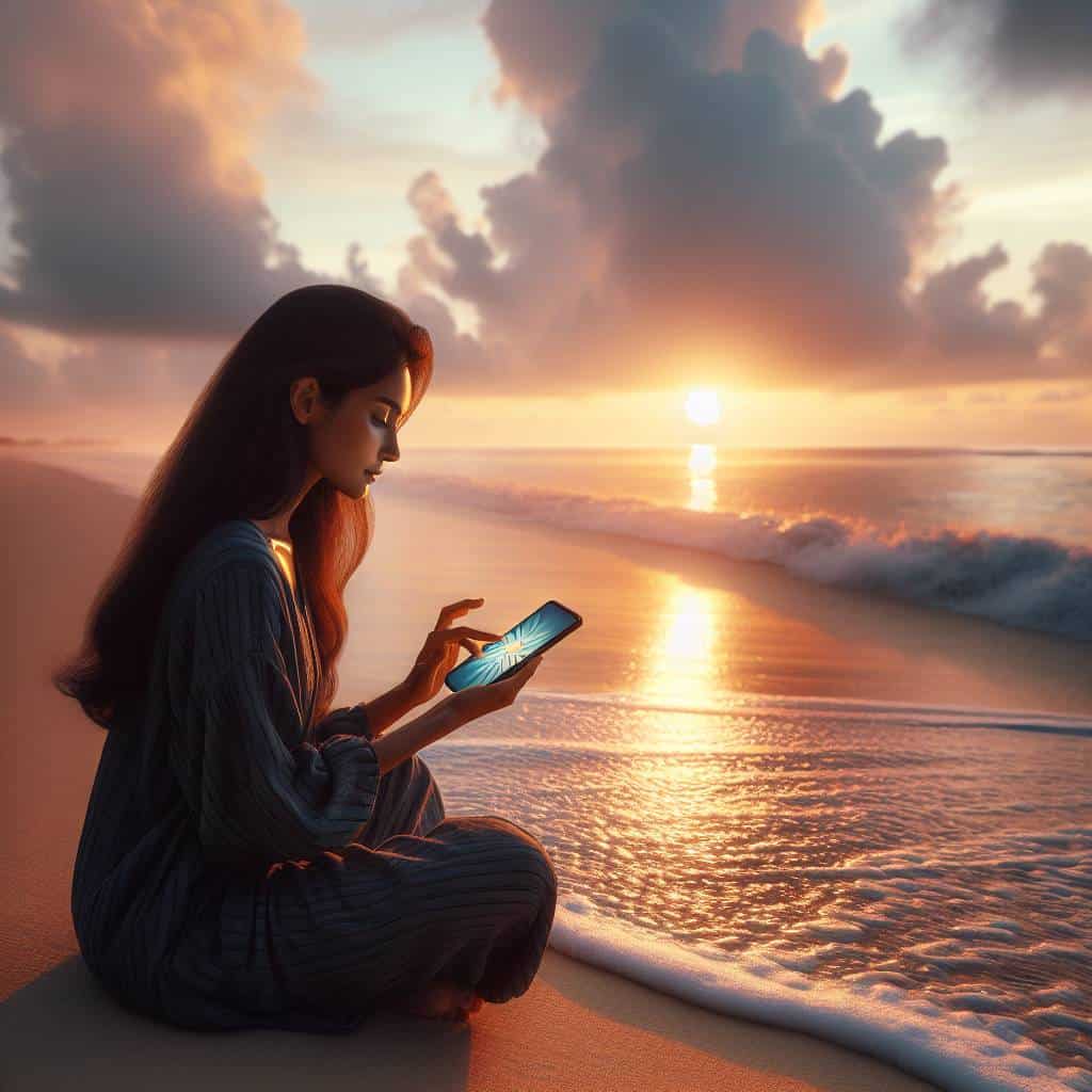 Using meditation app at beach sunrise.